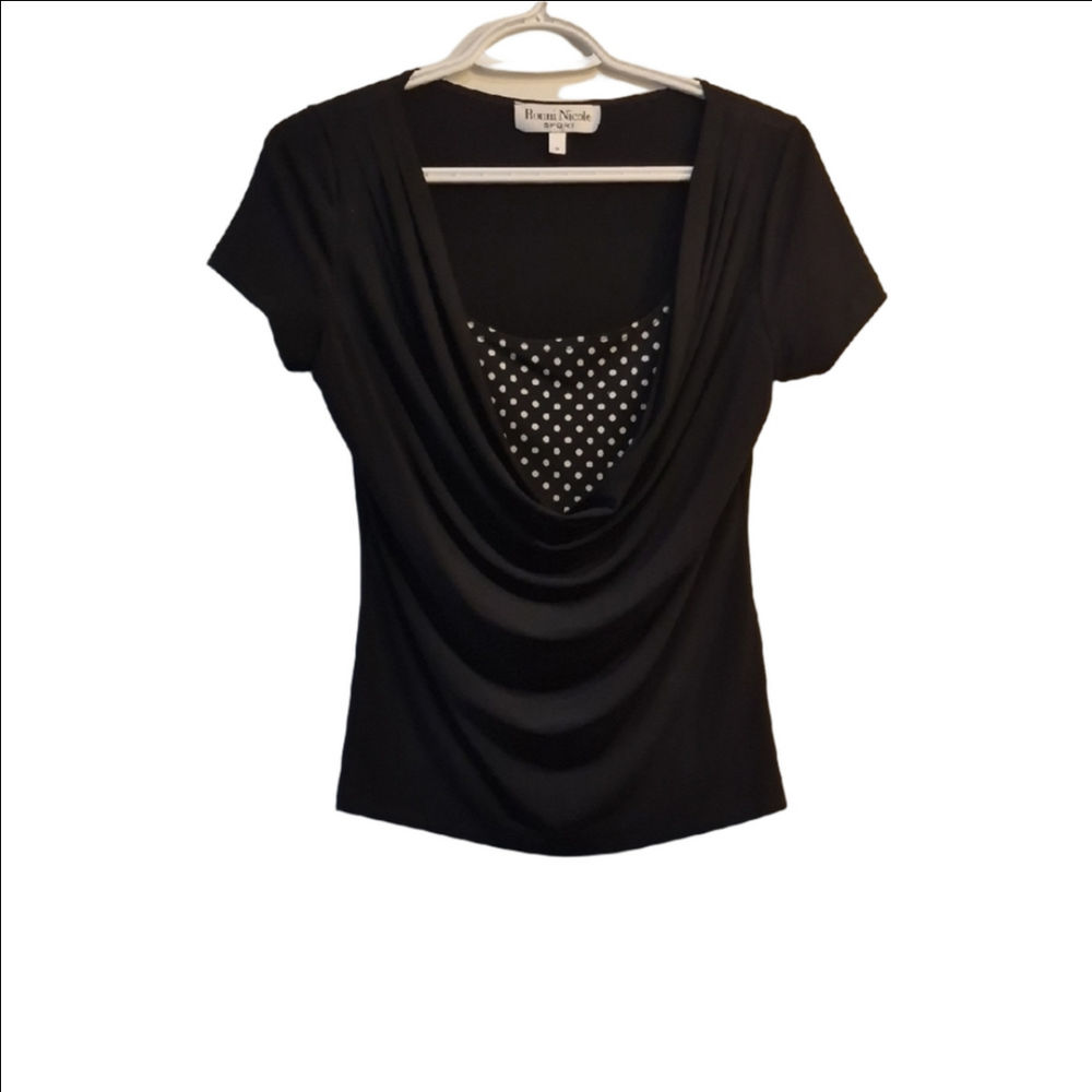 Ronni Nicole Black Draped Cowl Neck Top with Polka Dot Inset